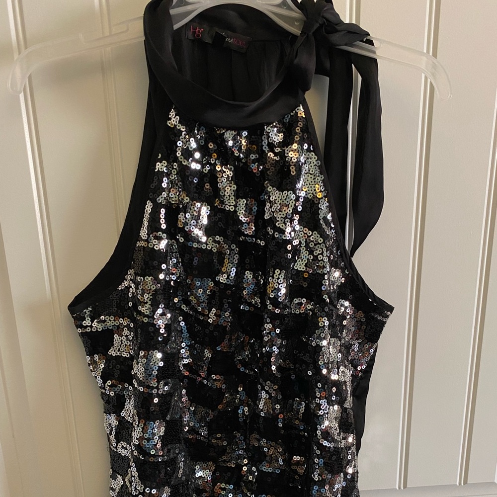 E32) Heart soul black sequin sleeveless top satin elastic bottom Sz M EUC